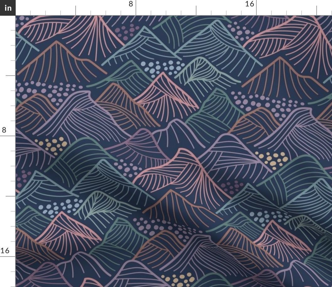 Line Art Mountains in mauves, purple, coral, green and navy blue - medium