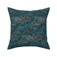 Line Art Mountains in Green, Brown and Blue on forest green - small
