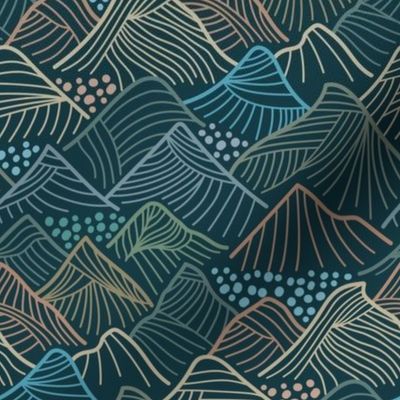 Line Art Mountains in Green, Brown and Blue on forest green - small