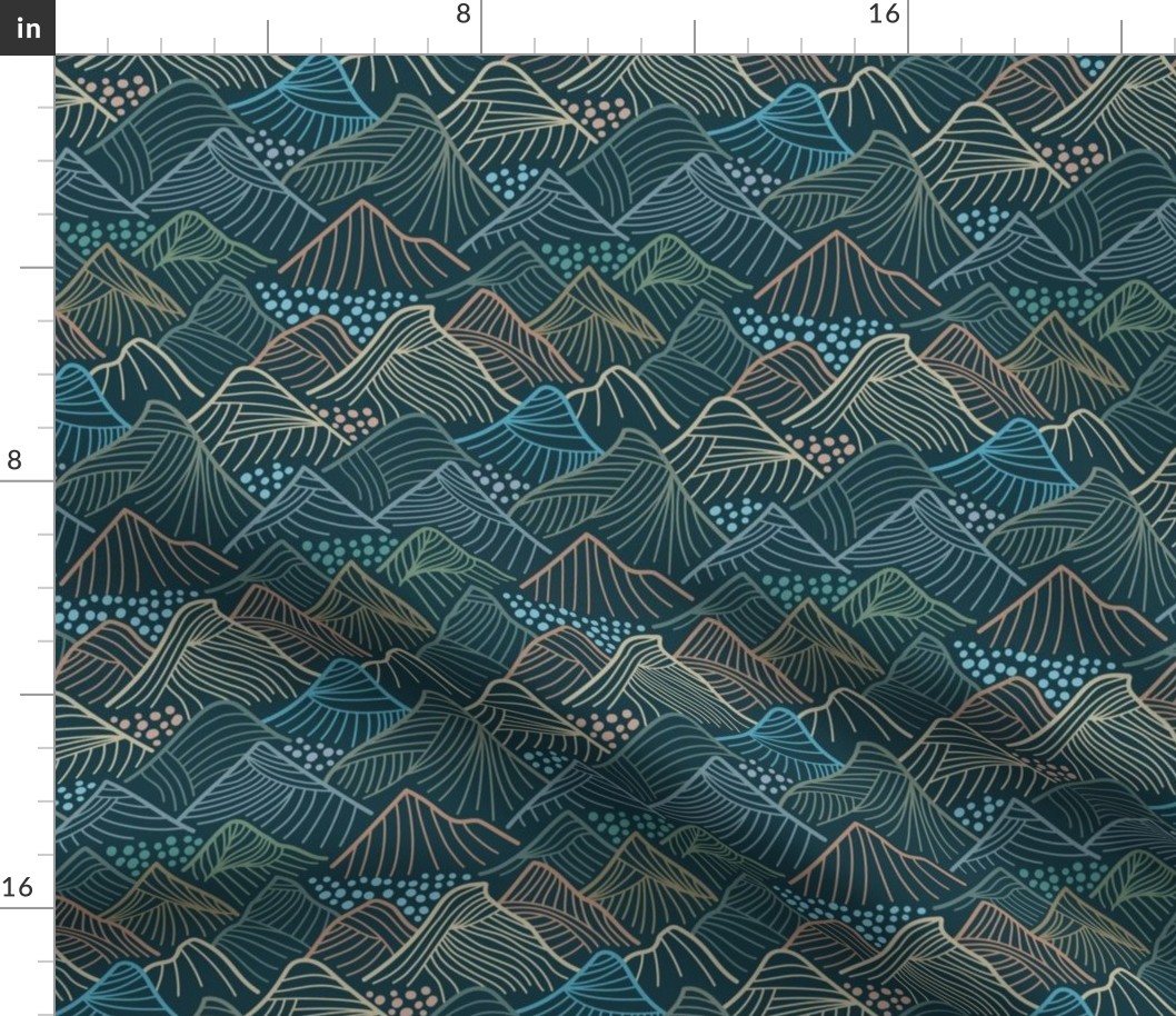 Line Art Mountains in Green, Brown and Blue on forest green - small