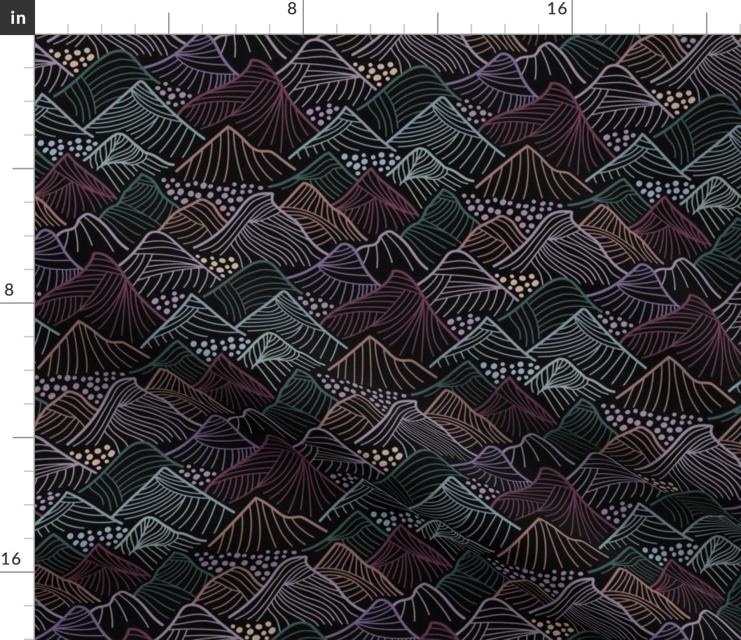 Line Art Mountains in Maroon, Green, Clay and Purples on black - small