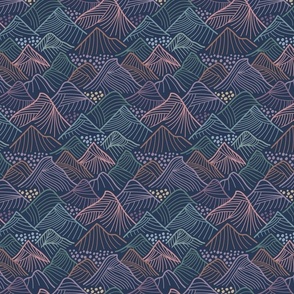 Line Art Mountains in mauves, purple, coral, green and navy blue - small