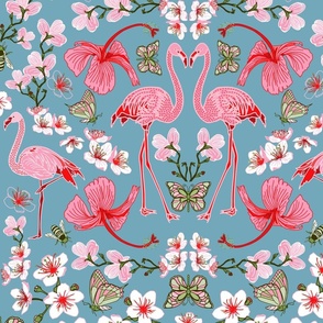Cherry Blossom Flamingdango on Sky Blue (pastel blue) -Flamingoes