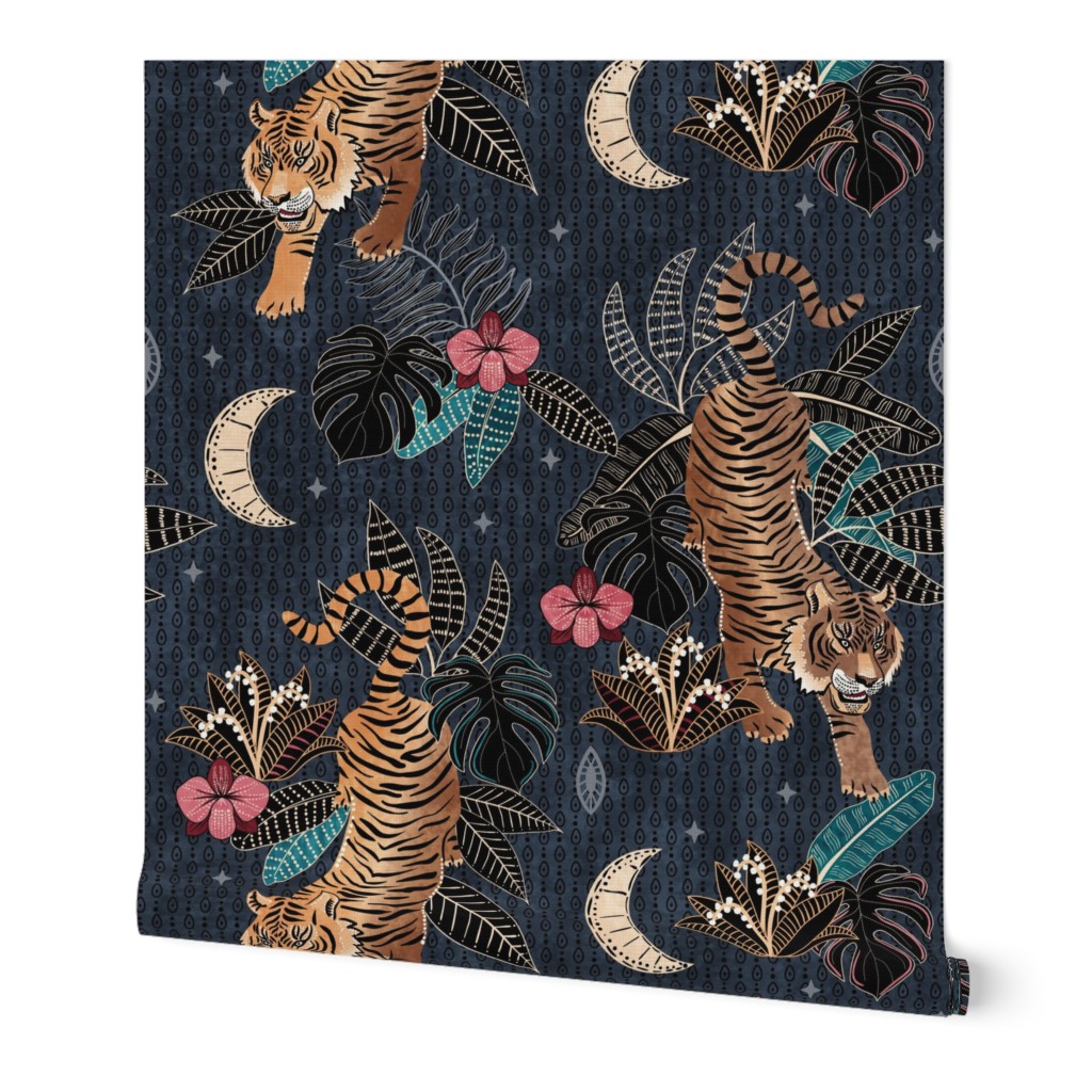  Tyger Tyger - Tigers in the forest at night - dark steel blue - jumbo