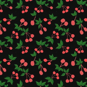 Cherries and Polka Dots Rockabilly with Black Background