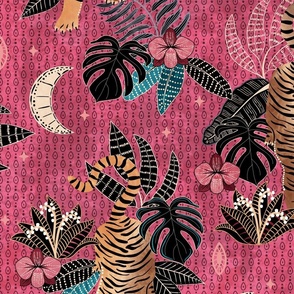 Tyger Tyger - Tigers in the forest at night - bright hot pink - jumbo