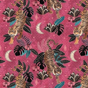 Tyger Tyger - Tigers in the forest at night - bright, hot pink - medium