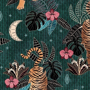 Tyger Tyger - Tigers in the forest at night - dark forest green - jumbo