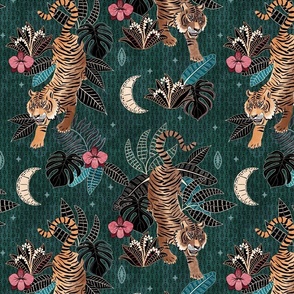 Tyger Tyger - Tigers in the forest at night - dark forest green - medium