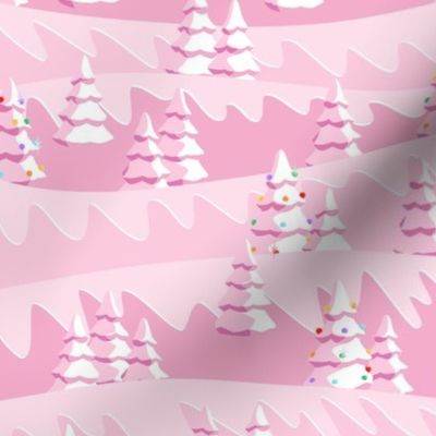 Midcentury Christmas Trees Winter Landscape Pink - Retro Christmas