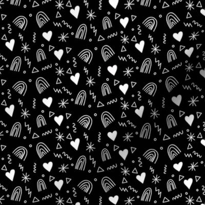 Doodles Hearts Rainbows white on black small