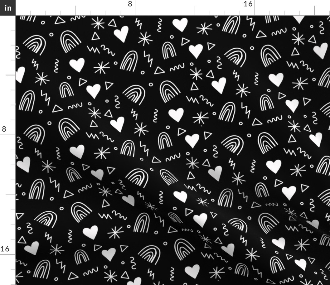 Doodles Hearts Rainbows white on black Large
