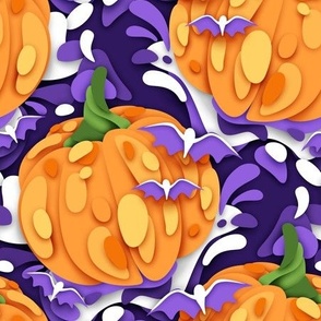 9 inch Ornate Halloween Pumpkin with Flying Bats with 3d Effect 1_4v-2