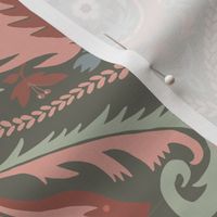 ogee wallpaper rust red on green | large jumbo scale