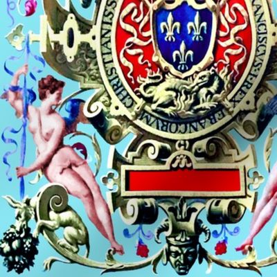 angels heads coat of arms herald red gold blue yellow crowns bows wings filigree leaves leaf baroque Victorian flourish swirls naked women nudes French France fleur de lis rococo herald ornate frames crest goddesses wings neoclassical wreaths ornate fruit