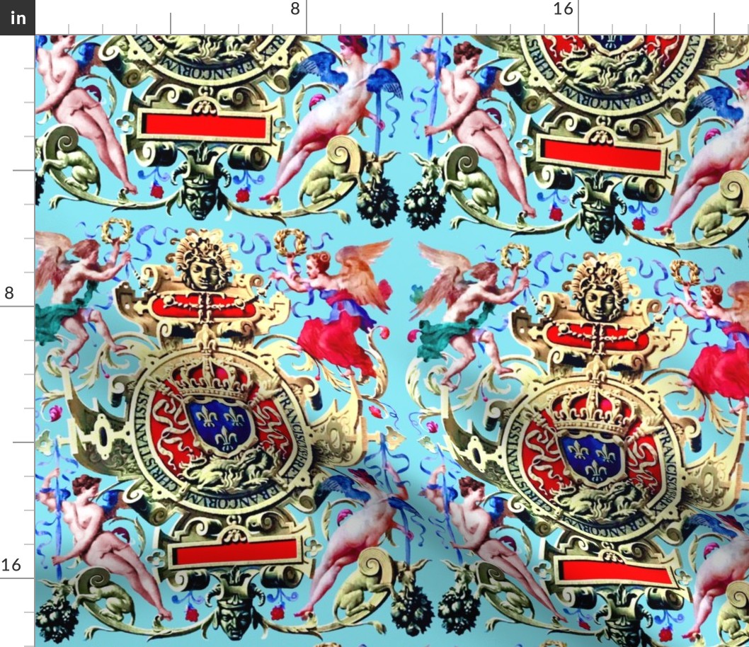 angels heads coat of arms herald red gold blue yellow crowns bows wings filigree leaves leaf baroque Victorian flourish swirls naked women nudes French France fleur de lis rococo herald ornate frames crest goddesses wings neoclassical wreaths ornate fruit