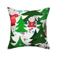 Family of bunnies decorates Christmas trees, green Christmas trees on white background, Large size