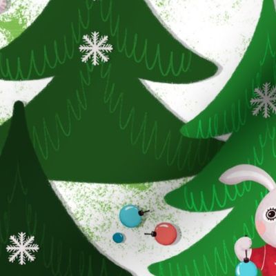 Family of bunnies decorates Christmas trees, green Christmas trees on white background, Large size
