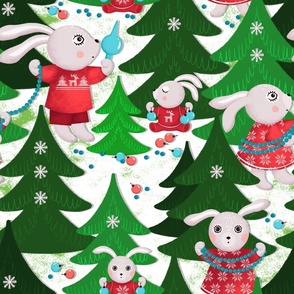 Family of bunnies decorates Christmas trees, green Christmas trees on white background, Large size