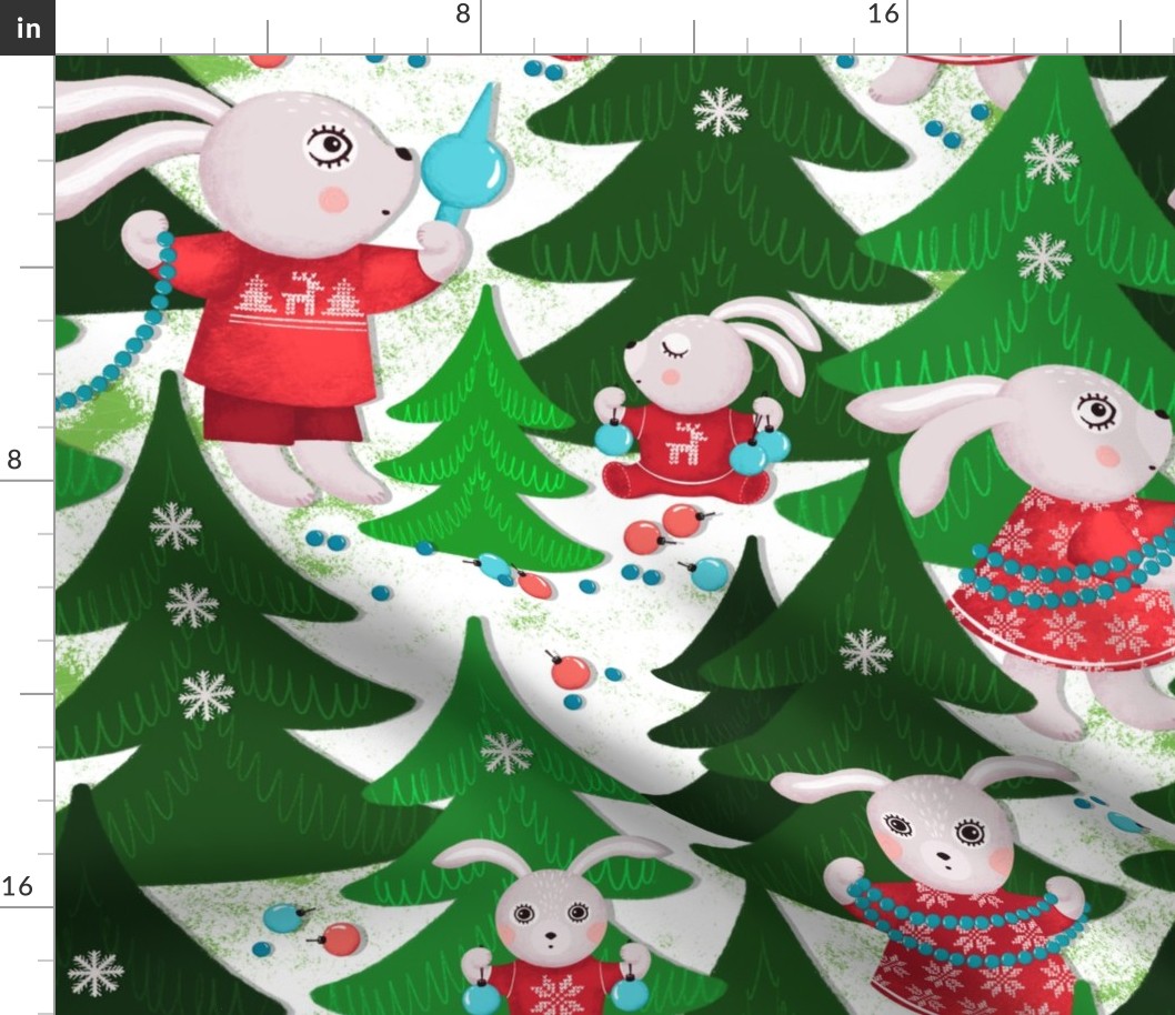 Family of bunnies decorates Christmas trees, green Christmas trees on white background, Large size