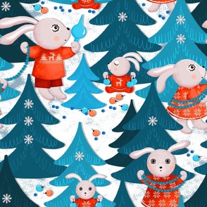 Family of bunnies decorates Christmas trees, blue Christmas trees on a white background, Large size