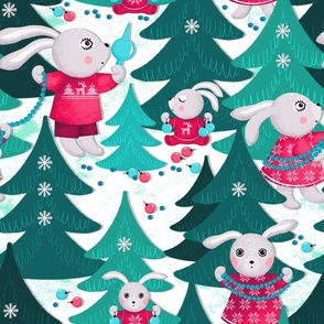 Family of bunnies decorates Christmas trees, turquoise Christmas trees on a white background, Large size