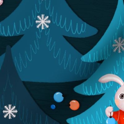 Family of bunnies decorates Christmas trees, blue Christmas trees on a dark blue background, Large size