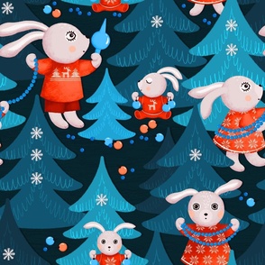 Family of bunnies decorates Christmas trees, blue Christmas trees on a dark blue background, Large size