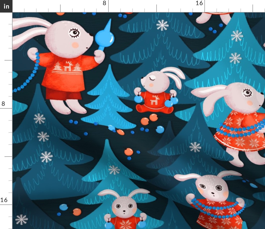 Family of bunnies decorates Christmas trees, blue Christmas trees on a dark blue background, Large size