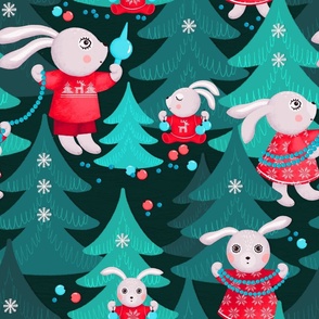 Family of bunnies decorates Christmas trees, turquoise Christmas trees on a dark turquoise background, Large size