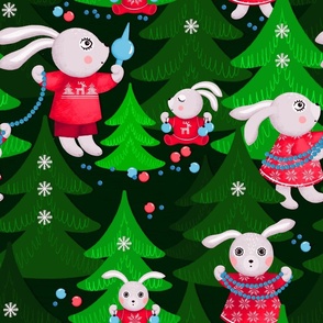 Family of bunnies decorates Christmas trees, green Christmas trees on a dark green background, Large size