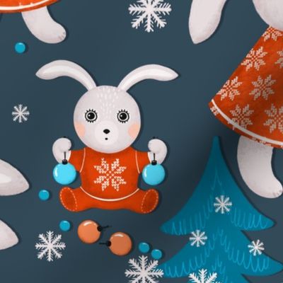 Big family of bunnies decorates Christmas trees, dark turquoise Christmas trees on a dark turquoise background, Large size