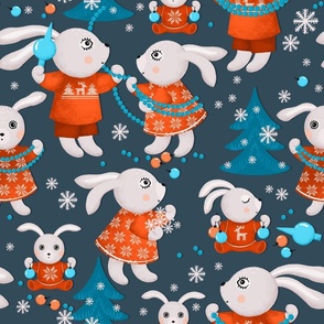 Big family of bunnies decorates Christmas trees, dark turquoise Christmas trees on a dark turquoise background, Large size