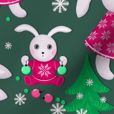 Big family of bunnies decorates Christmas trees, green Christmas trees on a dark green background, Large size