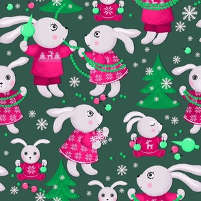 Big family of bunnies decorates Christmas trees, green Christmas trees on a dark green background, Large size