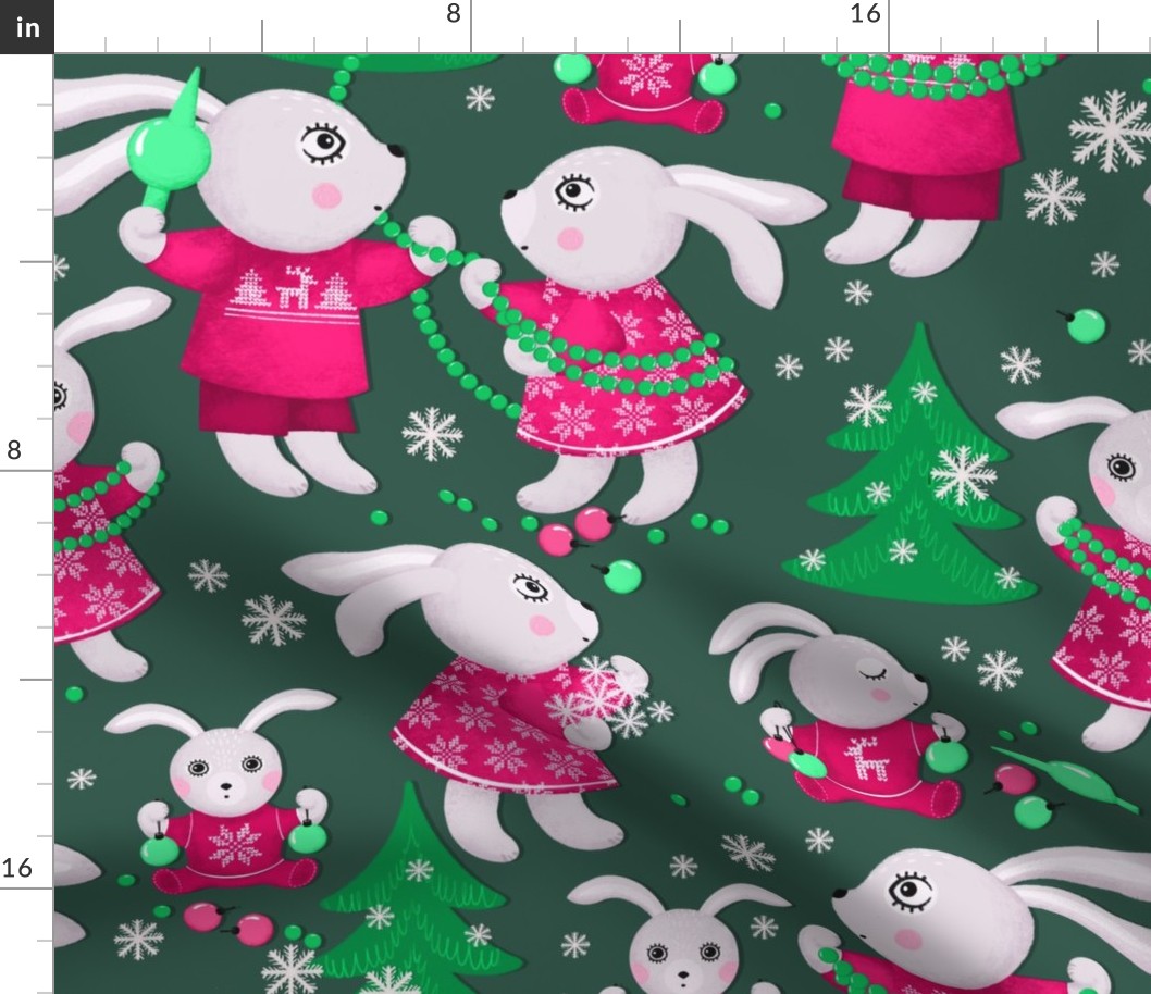 Big family of bunnies decorates Christmas trees, green Christmas trees on a dark green background, Large size