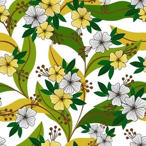 Blooming yellow and white flowers with green leaves on white background.