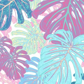 Textured tropical leaves in pink and turquoise Large scale