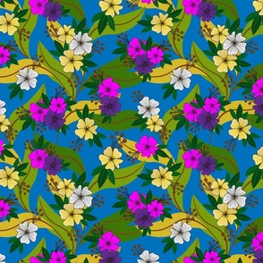 Blooming yellow, white, pink flowers on blue background.