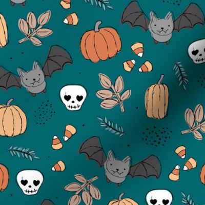 Sweet boho style halloween bats pumpkins and leaves halloween candy garden orange yellow  on moody blue teal night