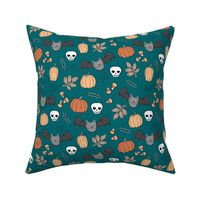 Sweet boho style halloween bats pumpkins and leaves halloween candy garden orange yellow  on moody blue teal night