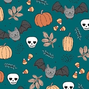 Sweet boho style halloween bats pumpkins and leaves halloween candy garden orange yellow  on moody blue teal night