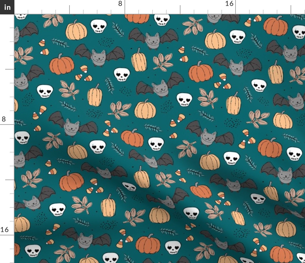 Sweet boho style halloween bats pumpkins and leaves halloween candy garden orange yellow  on moody blue teal night