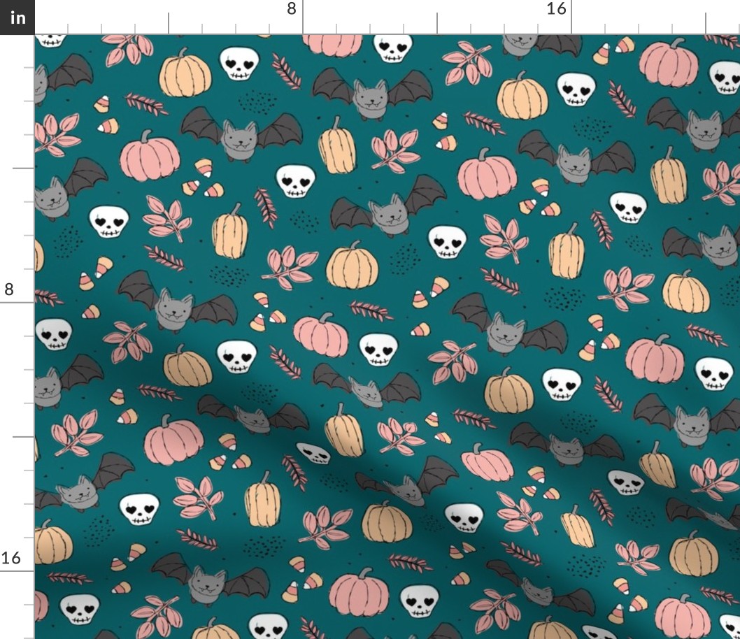 Sweet boho style halloween bats pumpkins and leaves halloween candy garden pink cream on moody blue teal night