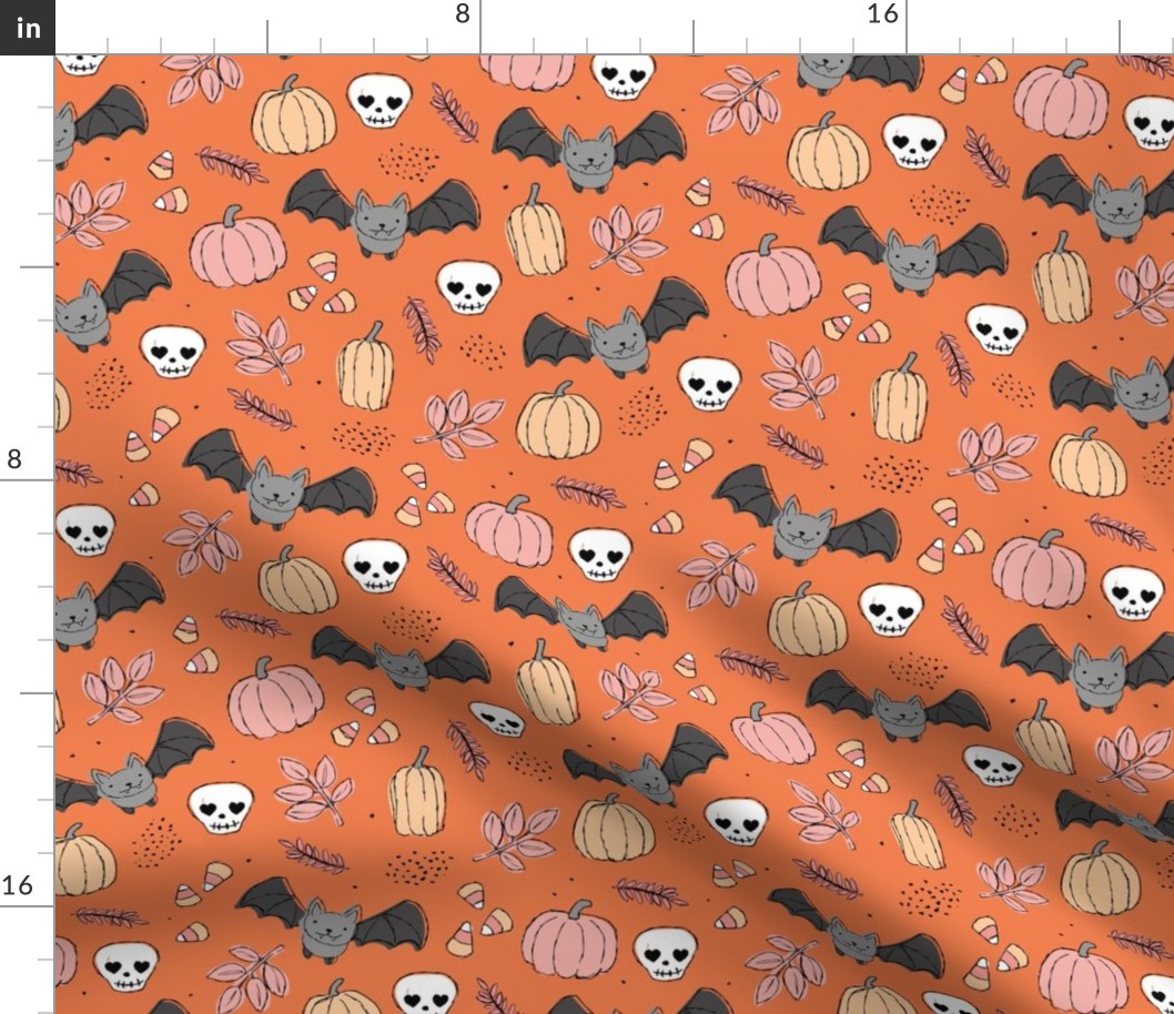 Sweet boho style halloween bats pumpkins and leaves halloween candy garden pink cream on orange 