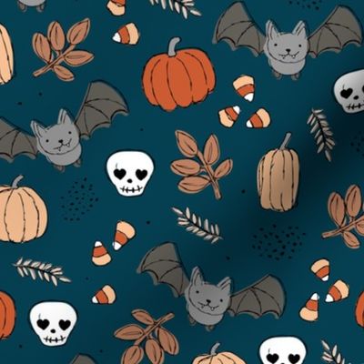 Sweet boho style halloween bats pumpkins and leaves halloween candy garden neutral orange beige on navy blue night