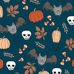 Sweet boho style halloween bats pumpkins and leaves halloween candy garden neutral orange beige on navy blue night