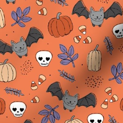 Sweet boho style halloween bats pumpkins and leaves halloween candy garden purple gray orange
