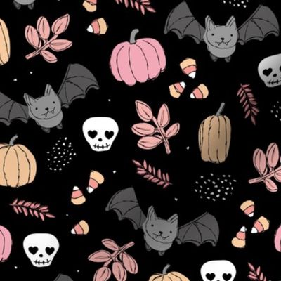 Sweet boho style halloween bats pumpkins and leaves halloween candy garden pink cream on black