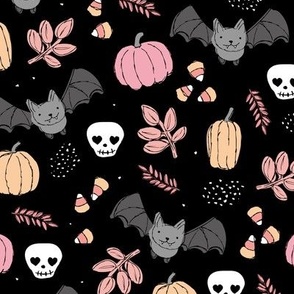 Sweet boho style halloween bats pumpkins and leaves halloween candy garden pink cream on black